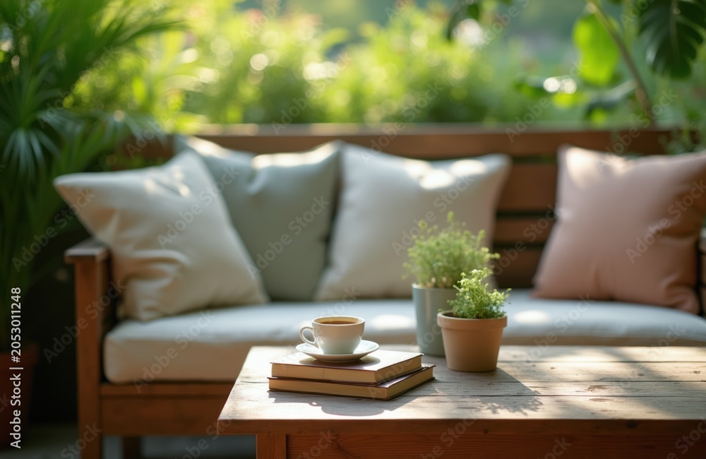 Fototapeta premium Outdoor sofa with pillows and a coffee cup on books. Two potted plants on table in garden. Relaxing morning scene with sunlit greenery backdrop. Cozy home.