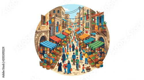 Foto Bustling Outdoor Market Scene with Many People and Stalls.