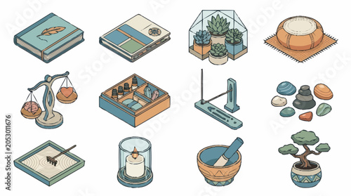 Canvas Print Collection of Isometric Objects Related to Mindfulness and Relaxation