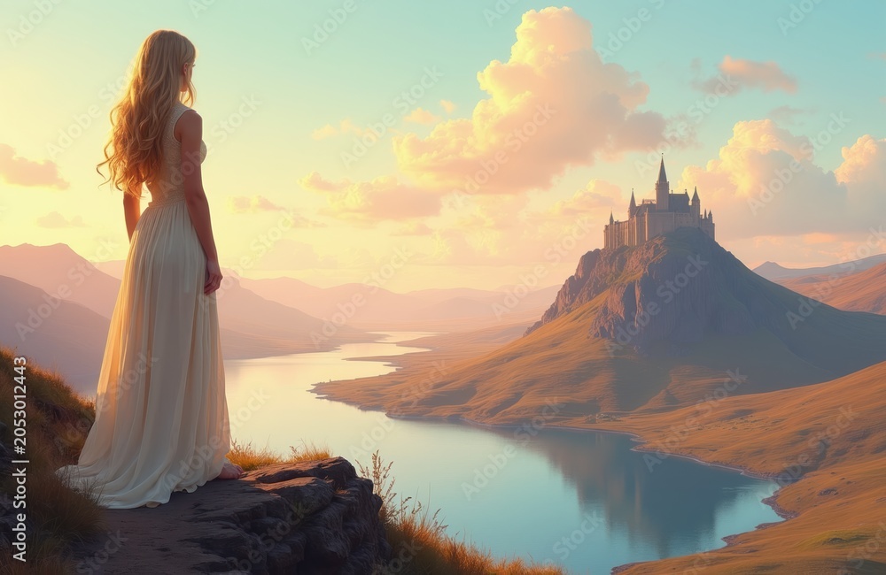 Naklejka premium Woman in white dress stands on rocky cliff looking at distant castle. Golden hour light illuminates serene lake and rolling hills. Girl contemplates majestic landscape, dreaming of adventure or home.