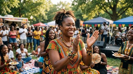 Smiling woman in colorful African dress clapping at outdoor Juneteenth festival with joyful crowd and live music, cultural celebration, unity, community pride, Juneteenth.