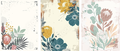 Floral Prints With Textured Backdrops Speckled Patina And Ink Splatter Details