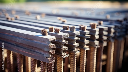Close up of rebar and wooden formwork for concrete foundation reinforcement ready for construction