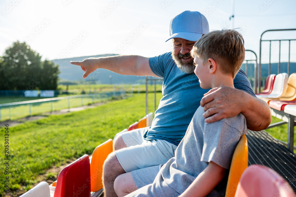 Naklejka premium Father and son cheering for football team during match at stadium.