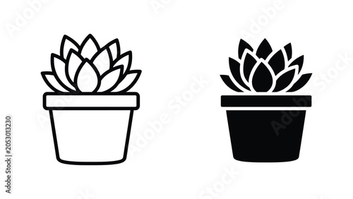 Potted succulent plant vector icon in outline and solid black silhouette style