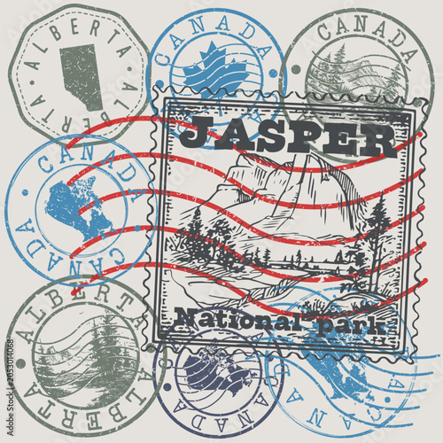Vintage Jasper National Park Alberta Canada passport travel postage stamp vector collection design