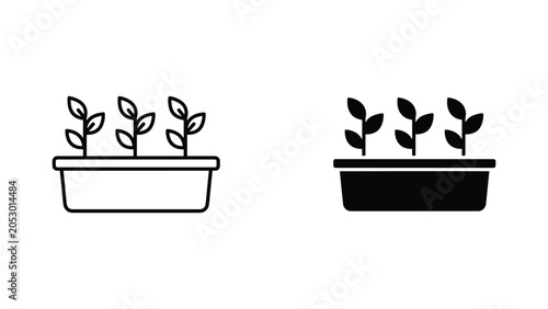 Sprouting plants in tray icon set in linear and solid black styles for gardening