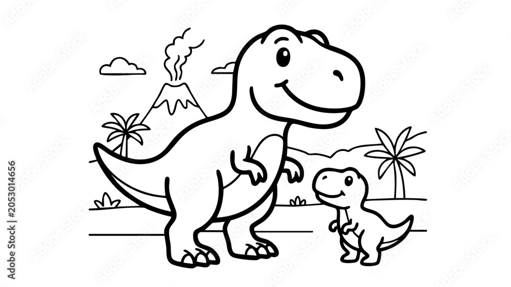 Obraz premium Cute Dinosaur Coloring Page with T-Rex and Baby
