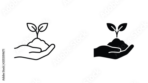 Hand holding soil with plant sprout vector graphic set