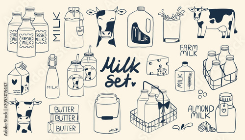 Hand-drawn milk doodle set Vintage vector collection of organic farm products, cows, bottles, butter and dairy splashes. Minimalist  farm dairy collection