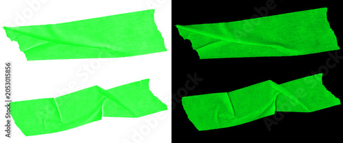 Fotografija Neon green gaffer tape strips, vibrant adhesive cloth tape pieces on white and b