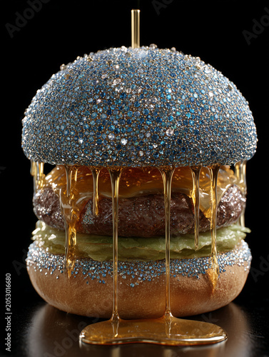 Jeweled hamburger with gold syrup dripping on black background