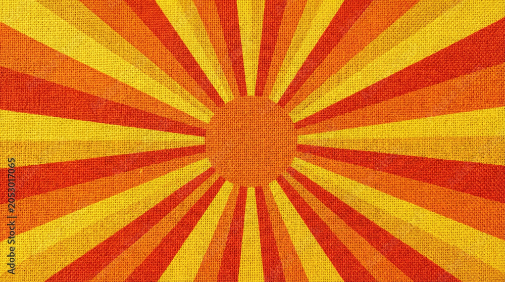 Obraz premium Vibrant Solstice Sun Burst Graphic Orange Yellow. Bold symmetrical sunburst pattern with radiating rays in vivid orange and yellow, energetic centered composition
