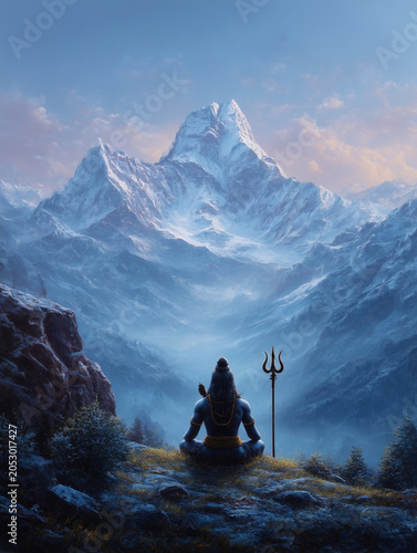 Lord shiva meditating with trident on a mountain peak