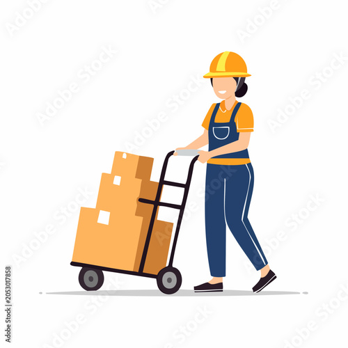 Worker Pushing Hand Truck with Boxes