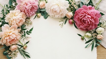 Soft pastel peonies and roses arranged in a delicate floral border