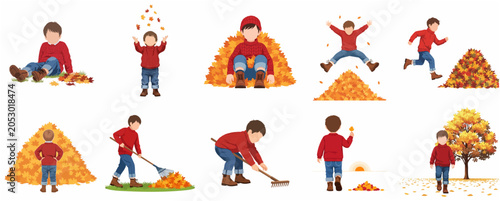 Fotografie Little boy playing with autumn leaves vector illustration set, child raking fall foliage, jumping into leaf pile, and enjoying seasonal outdoor activities on white background