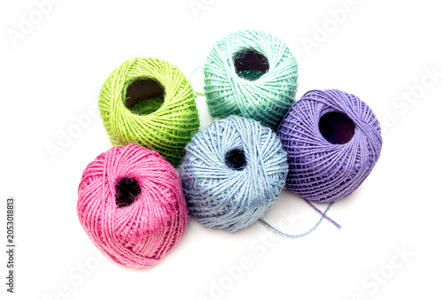 Close-up of multi-colored balls of jute twine