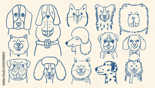 Collection of hand-drawn vector dog head illustrations in  blue ink doodle style. Variety of popular breeds with happy expressions and minimalist outlines on a neutral cream background.
