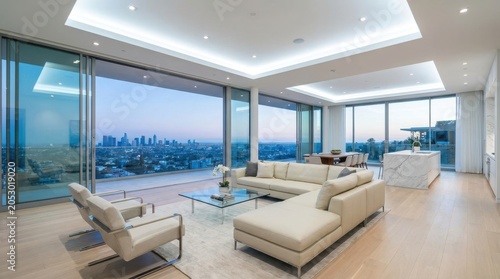 Luxury modern living room with panoramic city views at dusk