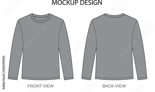 Flat vector mockup design of a grey long sleeve t-shirt, front and back view illustration