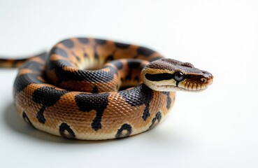 A coiled ball python snake with brown orange and black markings rests on a clean white background. This reptile shows its patterned scales and head with dark eyes and a forked tongue.