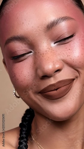 Playful young woman with freckles and pink blush. Beauty, makeup, youth.