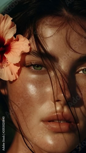 Authentic beauty portrait of a woman with freckles and hibiscus flower.