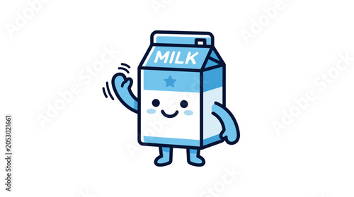 Cartoon milk carton character smiling.