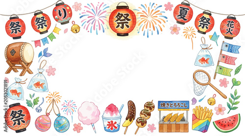 Colorful japanese summer festival vector illustration featuring traditional lanterns fireworks and delicious street food snack items