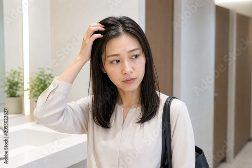 自宅で頭皮を押さえる髪悩みの女性