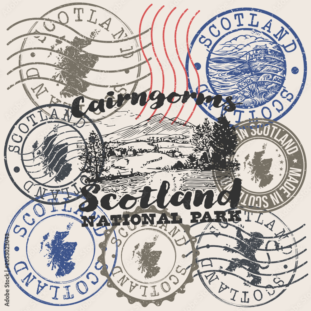 Obraz premium Scotland Cairngorms National Park Postmark Stamps Vector Illustration Collage Background