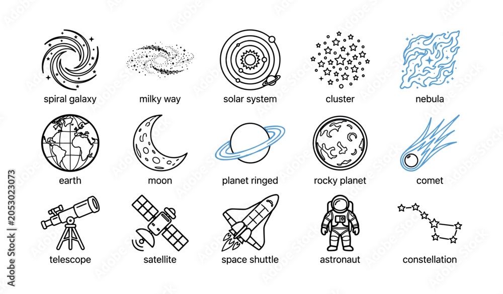 Obraz premium Space and astronomy icons grid showing celestial symbols