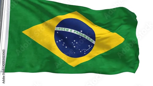 Waving flag of brazil, national symbol of the federative republic of brazil, green background with yellow rhombus and blue globe with stars