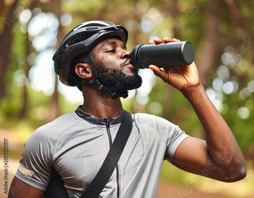Cyclist takes a drink from a black bottle in a sunny forest setting after a ride. Wearing a helmet and a light gray cycling top