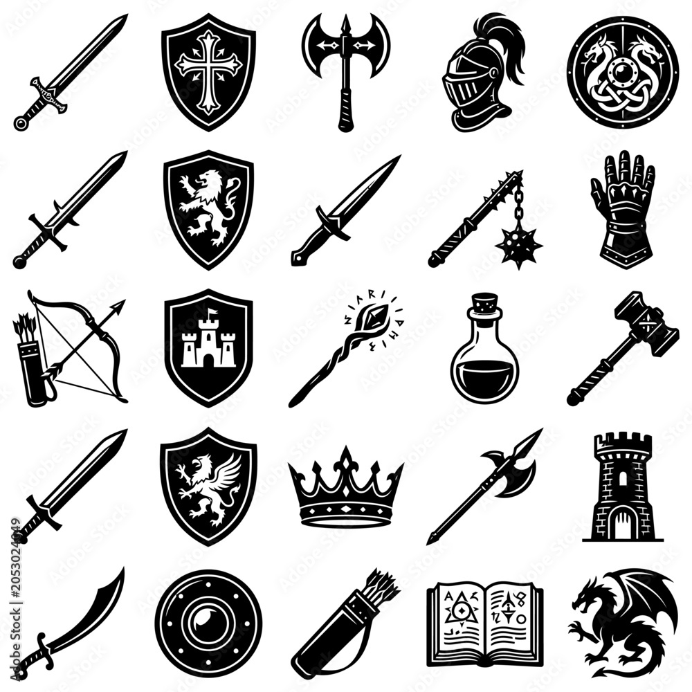 Naklejka premium Medieval fantasy weapons and shields.
