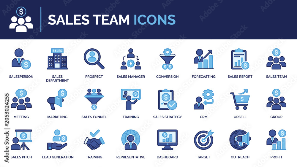 Fototapeta premium Sales team icons set with various business symbols