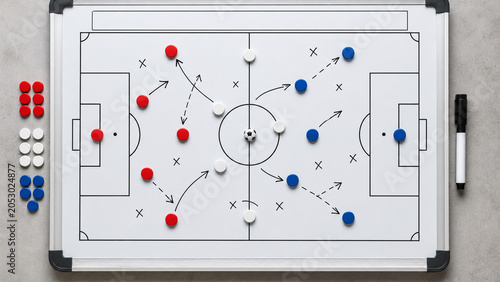 Overhead view of a soccer coach tactics board with red and blue magnets, arrows, player positions, and a marker for match strategy planning.
