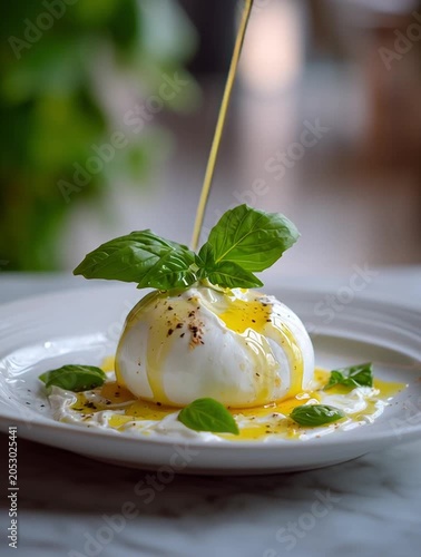 Pouring olive oil on fresh burrata cheese with basil