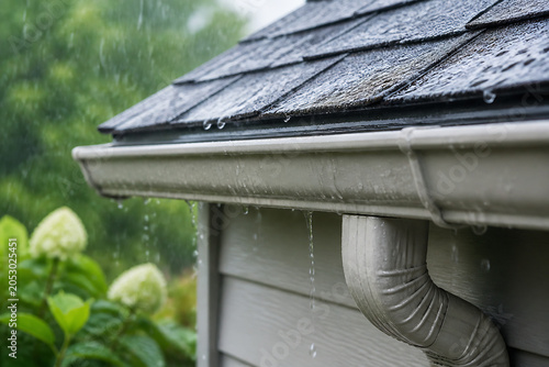 Rain is falling onto a dark shingled roof and dripping from the gutter downspout of a house.