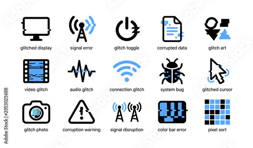 Glitch icons set showing errors and corruption on white background