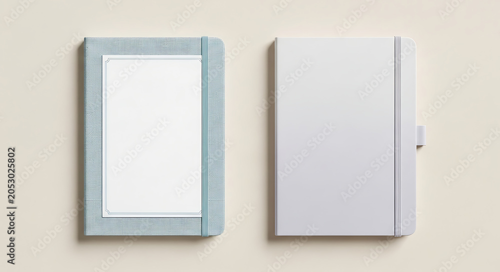Fototapeta premium Two blank notebook mockups, one light blue and one white, view
