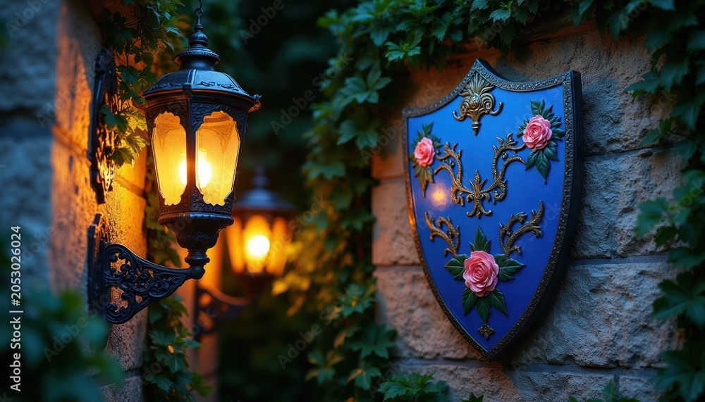 Naklejka premium Antique lantern glows on stone wall near blue shield with rose design. Ivy climbs building facade in twilight setting. Evening light illuminates old architectural detail. Warm light, mystery, gothic.
