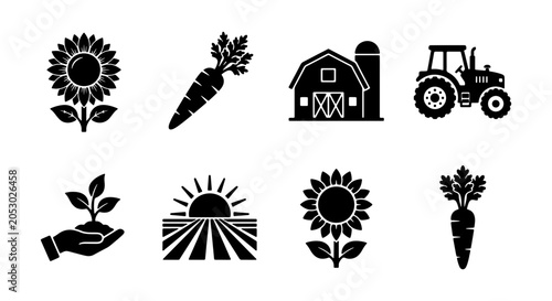 Foto Farm Icons Set: Tractor, Barn, Sunflower, Carrot, Seedling, Sunrise, Agriculture