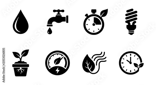 Tableau sur toile Eco-Friendly Icons: Water Drop, Faucet, Timer, Lightbulb, Plant Pot, Meter, Leaf, Clock