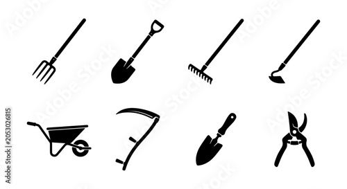 Fotografija Gardening Tools Vector Icons Set: Pitchfork, Shovel, Rake, Hoe, Wheelbarrow, Scy