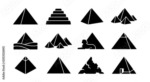 Obraz na płótnie Egyptian Pyramids and Sphinx Icons, Ancient Architecture Vector Set, Historical