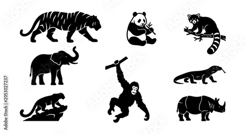 Photography Wild Animal Silhouettes Collection: Tiger, Panda, Elephant, Orangutan, Rhino, Ja