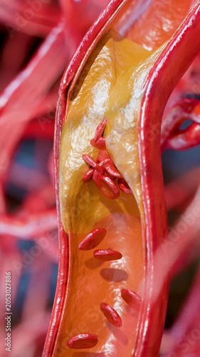 Cholesterrol or Atherosclerotic Plaque in blood vessels, Blocked vessel stroke, Thickened Arteries and Veins, Coronary, fat buildup clogging, Atherosclerosis or atheromatous Hyperlipidemia, 3d render