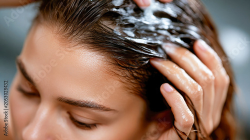 Woman applying white cream treatment to dark hair and scalp, close-up beauty care and hair wellness concept